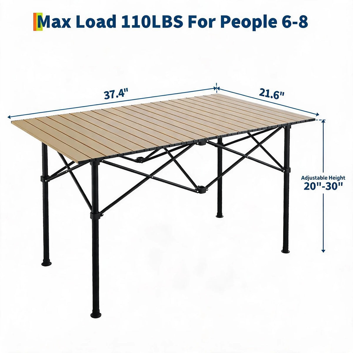 Adjustable Height Folding Camping Table, Portable Aluminum Roll Up Table With Carry Bag, 110lb Outdoor BBQ Patio Beach