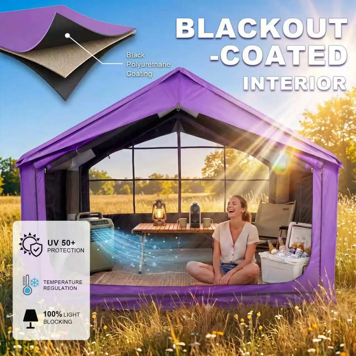 SENLEETO 11.8'X9.8' Inflatable Camping Tent for Family with Stove Jack,Black Coating Easy Setup Blow up Tent with Skylight AC Vent