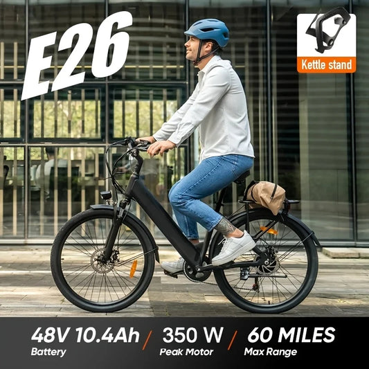 URLIFE E26 Commuter Electric Bicycle 26" Tires Peak 350W Front Dual Shock Absorber 48V 10.4Ah Lithium Battery 40‑60 Miles Long Range for City & Outdoor Ebike