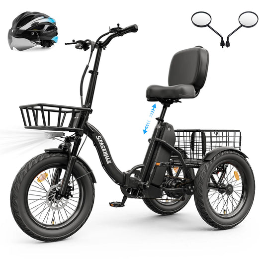 Spacewalk 1200W Peak Electric Trike for Adults, 48V 15Ah Battery 3 Wheel Electric Bike with 18"x3.0 Fat Tires, 60 Miles Range, Folding Cargo E-Bike with Wide Comfort Seat & Basket for Seniors-Black