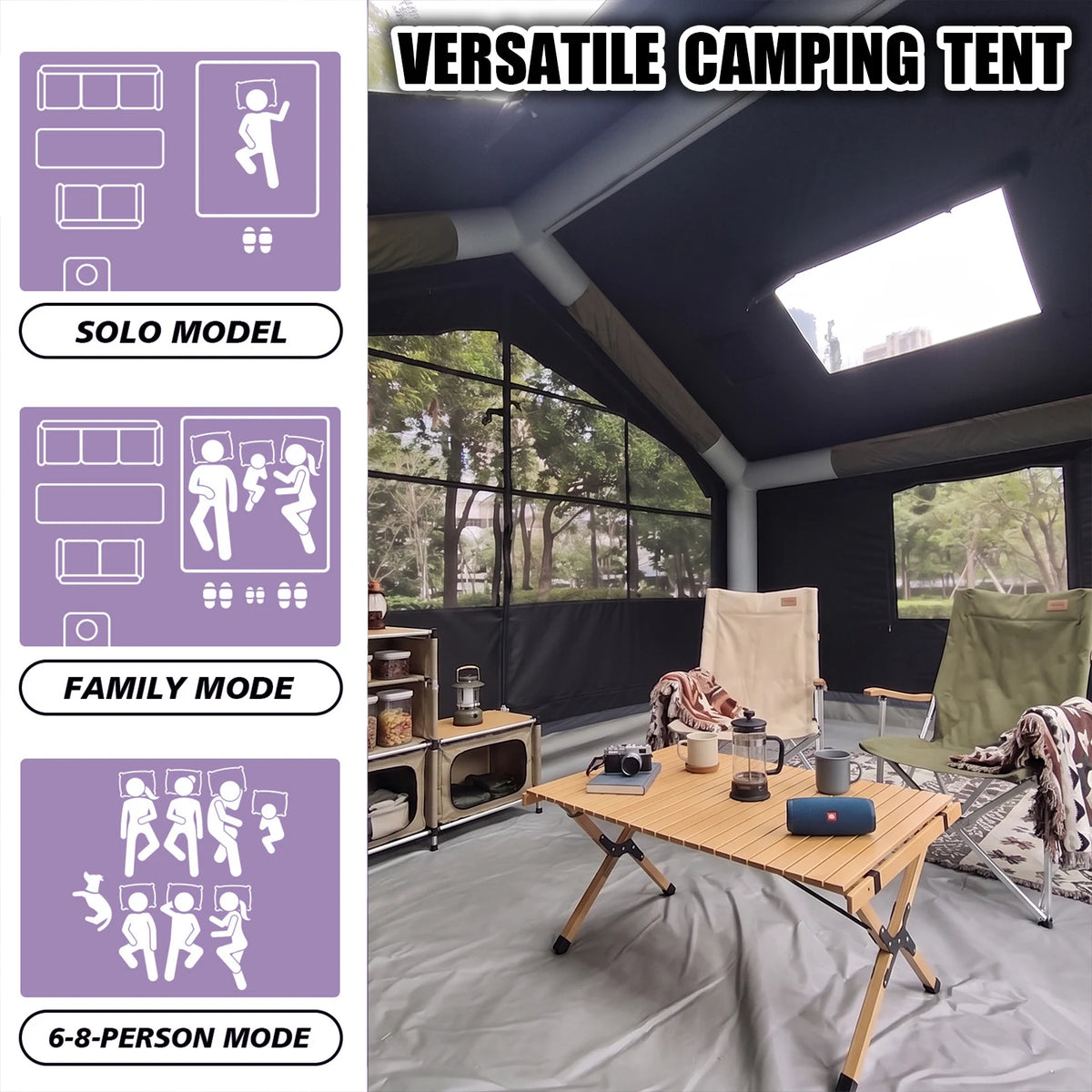 SENLEETO 11.8'X9.8' Inflatable Camping Tent for Family with Stove Jack,Black Coating Easy Setup Blow up Tent with Skylight AC Vent