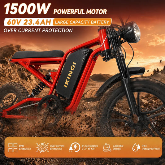 1500W IKINGI S6pro Fat Tire E-Bike, 60V 23.4Ah Full Suspension Electric Bike 7-Speed 48MPH, IP65 Waterproof 5 PAS Modes LCD Screen Off-Road Commuter Ebike