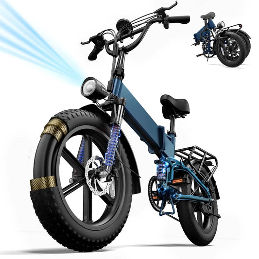 URLIFE T5 Foldable Electric Bike, 20 Inch Fat Tire Adult E‑Bike, 48V Removable Battery, Long Range Up to 80 Miles, Full Suspension All‑Terrain Electric Mountain Bicycle