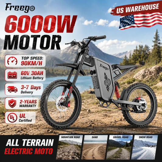 Freego X2Pro Electric Motorcycle Electric Dirt Bike 6000W Peak 60V30Ah Battery 50MPH Off Road Electric Bicycle UL 2849 Certified