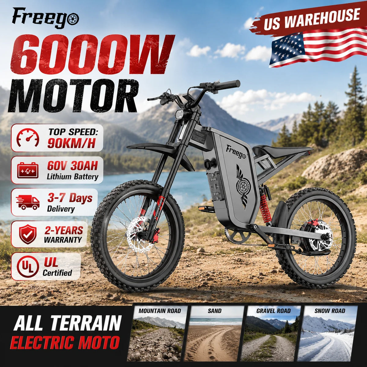 Freego X2Pro Electric Motorcycle Electric Dirt Bike 6000W Peak 60V30Ah Battery 50MPH Off Road Electric Bicycle UL 2849 Certified