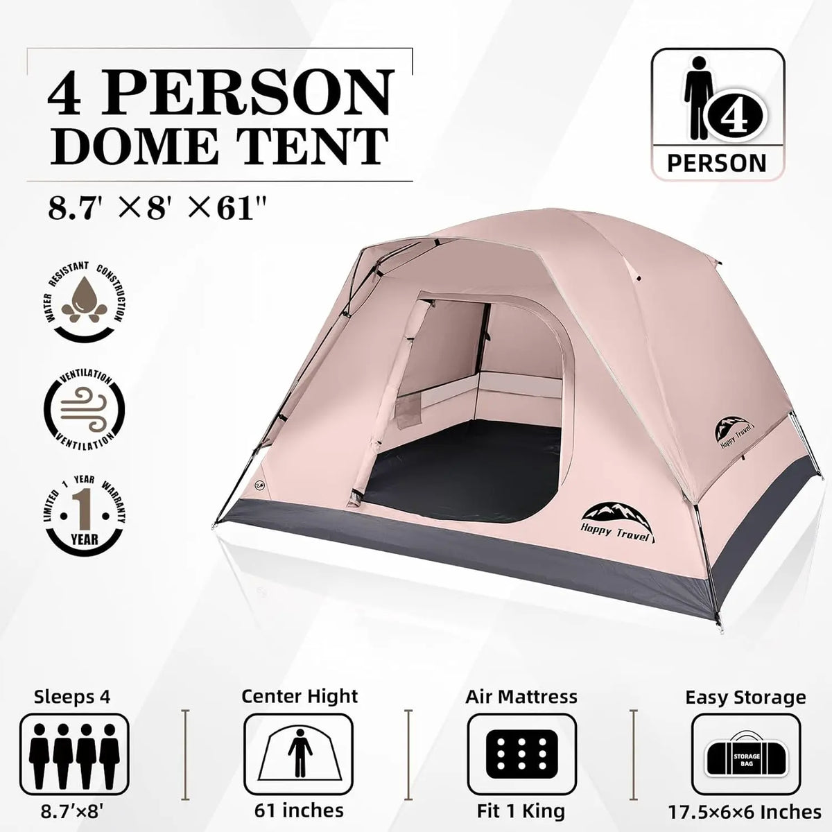4-Person Dome Camping Tent with Rainfly, Waterproof Clip Quick Setup, Portable Family Tent with Mesh Windows, 20% Extra Headroom for Backpacking and Hiking