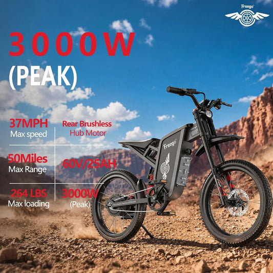 Freego X1 Electric bike 3000W Peak Motor 60V25Ah Battery 40 Miles Range Electric Motorcycles 17X1.6'' Tire Electric Dirt Bikes