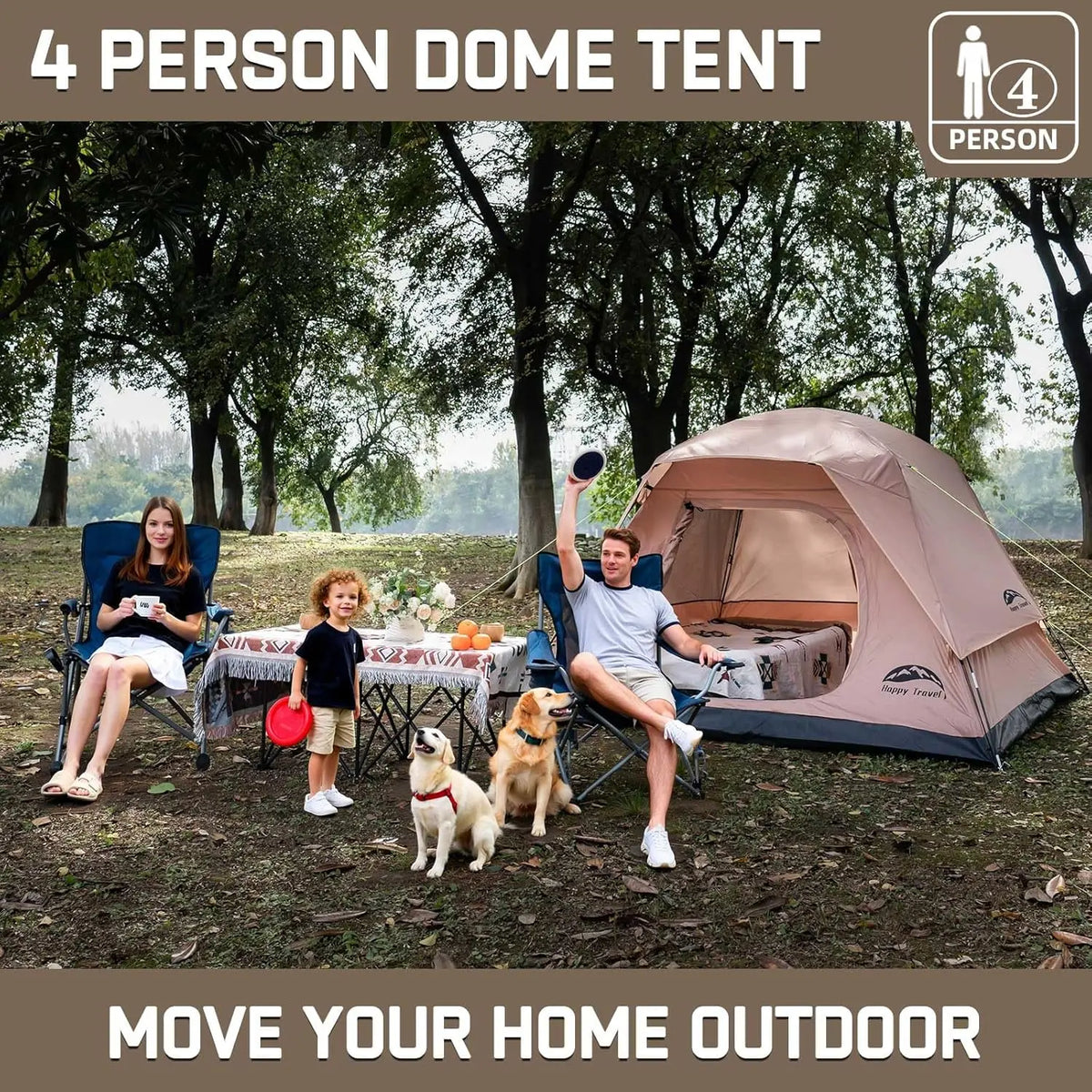 4-Person Dome Camping Tent with Rainfly, Waterproof Clip Quick Setup, Portable Family Tent with Mesh Windows, 20% Extra Headroom for Backpacking and Hiking