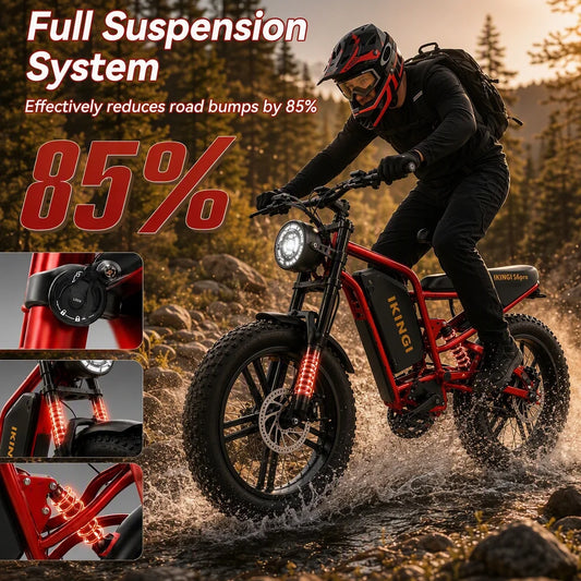 Electric Bike Fat Tire Full Suspension Off-Road Mountain Ebike for Adults, Powerful Red, Dual Shock Absorption Front Rear Suspension, Disc Brake, LED Headlight, High Speed, Beach Snow Trail Commuter Bicycle E-Bike